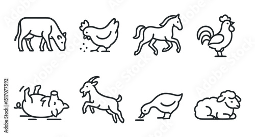 Farm animals linear icon set. livestock and agricultural symbols for design projects