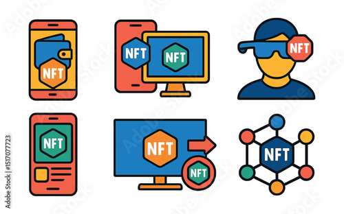 Flat vector icons of NFT cross-platform experiences: mobile wallet integration, multi-device sync, NFT on AR glasses, VR NFT showcase, responsive NFT app, token on smart TV, platform migration icon,