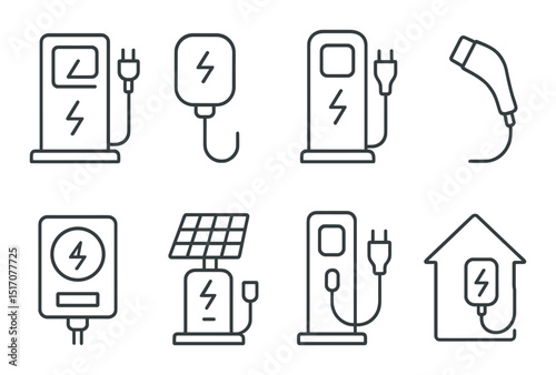 Electric vehicle charging flat icon set: ev infrastructure and renewable energy symbols