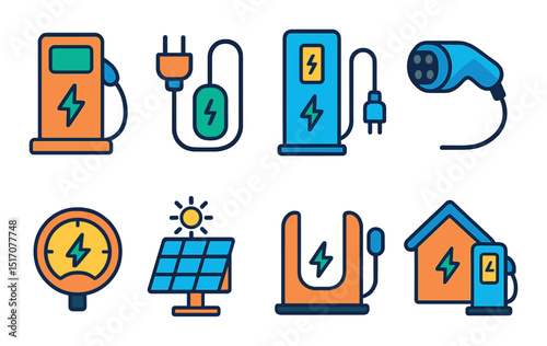 Electric vehicle charging flat icon set. renewable energy and ev power symbols