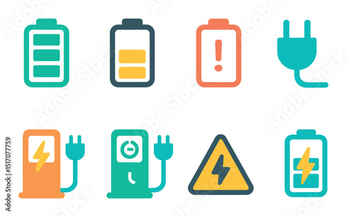 Energy and power flat icon set. electricity and battery charging symbols