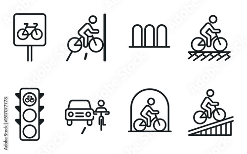 Cycling safety linear icon set. bicycle, transportation, and road safety symbols