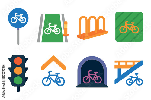 Bicycle transport flat icon set. cycling, commuting, bike path graphics