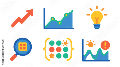 Flat vector icons of data trends and insights: upward trend arrow, trendline chart, real-time data pulse, insight lightbulb, data discovery symbol, pattern recognition icon, seasonal trend graph,