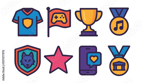 Flat vector icons of esports branding elements: jersey logo badge, esports team flag trophy, team anthem creation medal, custom mascot design badge, professional branding workshop star, team social
