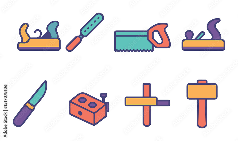 Woodworking tool icon set in flat style. crafting and carpentry symbols Woodworking tool icon set in flat style. crafting and carpentry symbols
