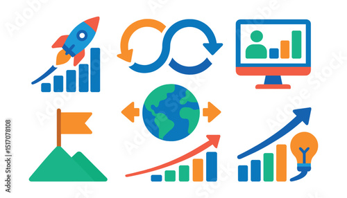 Flat vector icons of innovation growth and scalability: rocket graph icon, growth loop, scalable solution arrow, user growth dashboard, traction milestone flag, market expansion icon, revenue ramp