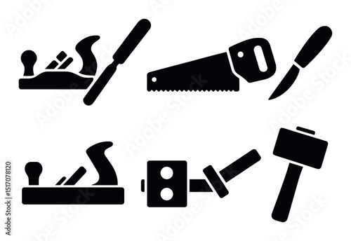 Carpentry silhouette icon set: woodworking, tools, and crafting visuals