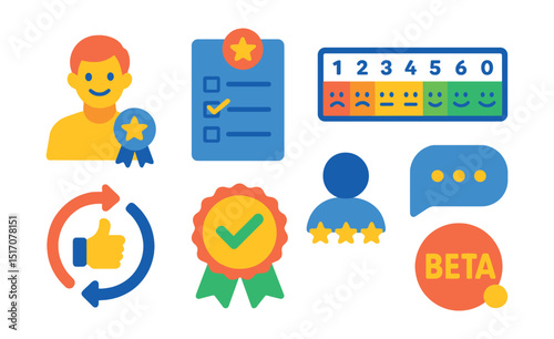 Flat vector icons of customer validation and feedback: early adopter icon, feedback form, NPS scale, customer chat bubble, feedback loop, product-market fit badge, user review icon, beta testing