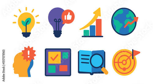 Flat vector icons of innovation inspiration sources: nature-inspired idea, user feedback lightbulb, emerging market need, global challenge icon, unexpected insight symbol, inspiration board,