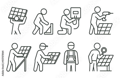 Solar energy linear icon set. renewable power and sustainable technology symbols