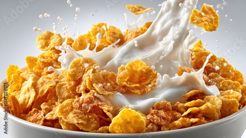 Delicious crispy cornflakes cereal pou with fresh milk creating a vibrant splash in a white bowl.