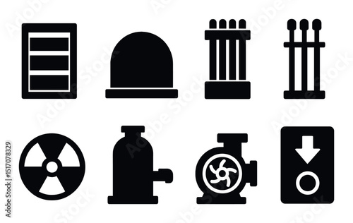 Industrial safety icon set. flat machinery and hazard symbols collection