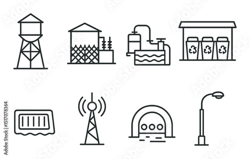 Industrial facilities silhouette icon set. factory and infrastructure symbols