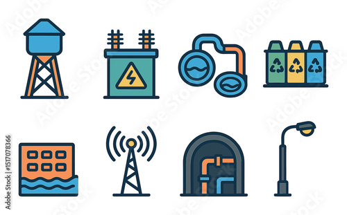 Utility and infrastructure flat icon set. essential energy and resources symbols