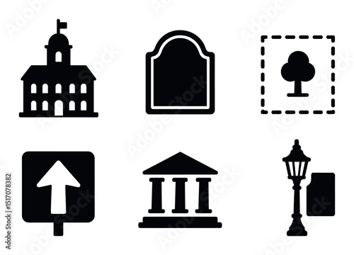 Architecture silhouette icon set: urban design and cityscape symbols