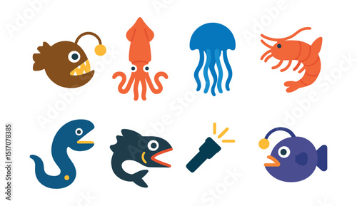 Flat vector icons of deep sea creatures: anglerfish, giant squid, deep jelly, abyssal shrimp, gulper eel, black dragonfish, bioluminescent light, trench fish.