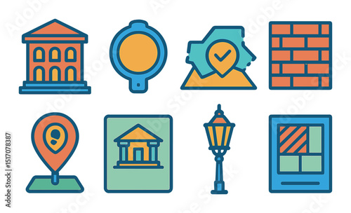 Cityscape flat icon set: urban and architecture symbols for design projects