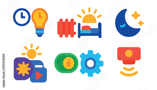 Flat vector icons of automation and routines: scheduled light change, timed heating, morning routine icon, sleep mode, scene activation, away mode toggle, automation gear icon, sensor-based trigger.