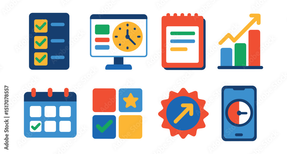 Flat vector icons of productivity and time management at work: task checklist, time tracker dashboard, daily planner icon, goal progress chart, calendar with tasks, priority matrix, productivity Flat vector icons of productivity and time management at work: task checklist, time tracker dashboard, daily planner icon, goal progress chart, calendar with tasks, priority matrix, productivity