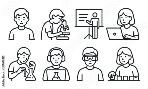 Education and science linear icon set. learning and research symbols