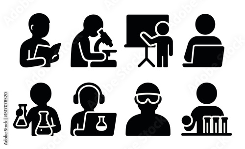 Education and research silhouette icon set. learning and teaching symbols