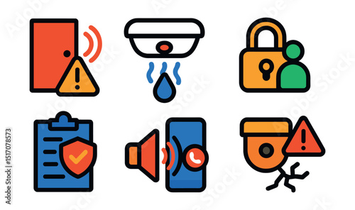Flat vector icons of smart home safety and protection: door alert icon, smoke detector, water leak warning, child lock status, safety protocol icon, alert sound icon, emergency contact shortcut,