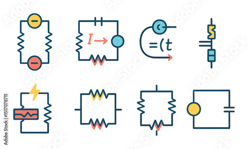 Electric circuit linear icon set. electronics and schematic diagram symbols