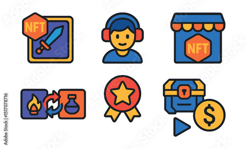 Flat vector icons of NFT and gaming: in-game NFT asset, wearable item, gaming avatar icon, NFT marketplace in game, item fusion icon, rarity badge, tokenized loot box, play-to-earn symbol.