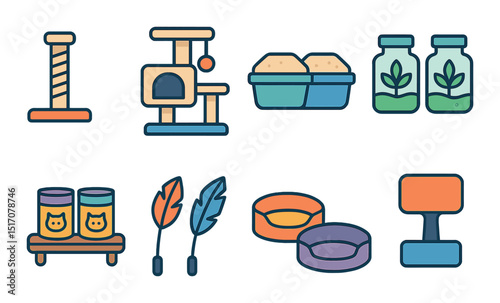 Pet care icon set in linear style. animal supplies and accessories symbols