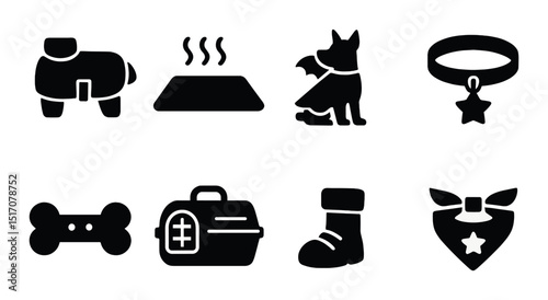 Pet care silhouette icon set. animal welfare and pet accessories symbols