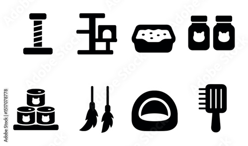 Cat care silhouette icon set. feline grooming, supplies, and accessories symbols