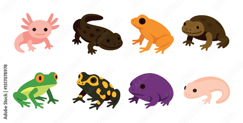 Amphibian icon set: flat icons of frogs, salamanders, and newts in colorful design