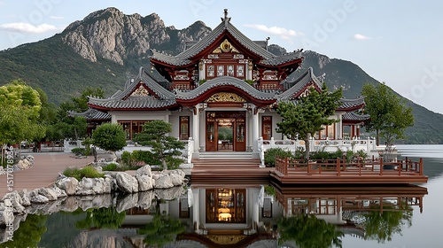 Elevated bridge leading to symmetrical Chinese temple reflected perfectly in calm water high resolution image