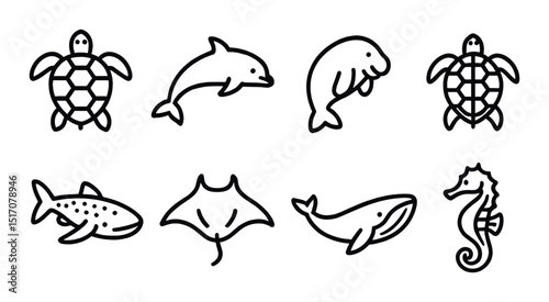 Marine life silhouette icon set. ocean animal symbols for aquatic-themed designs.