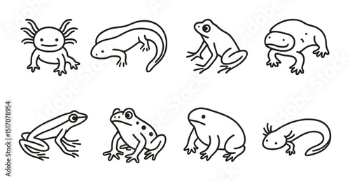 Amphibian silhouette icon set. frogs and salamanders graphic collection