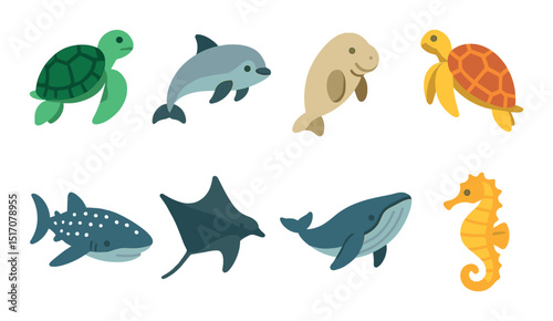 Marine animals icon set in flat style. ocean life and sea creature symbols