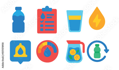 Flat vector icons of hydration and fluids: water bottle, hydration tracker icon, glass of water, electrolyte drop, hydration reminder alert, daily water goal, infused water jug, refill bottle symbol.