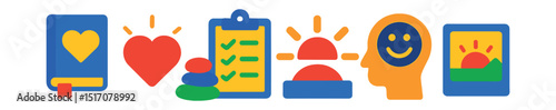 Flat vector icons of gratitude and positivity: gratitude journal icon, thankful heart, reflection list, gratitude stones, positivity sun icon, morning gratitude prompt, happiness focus, feel-good