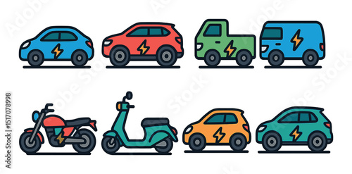 Electric vehicle icon set in flat style. eco-friendly and sustainable transport symbols