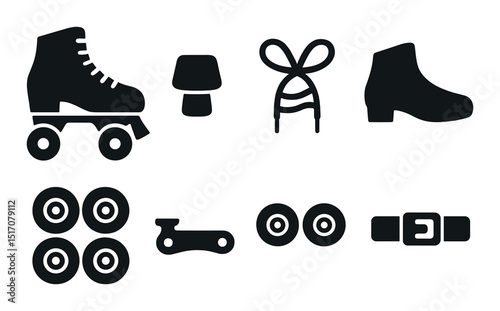 Roller skate silhouette icon set. skating, wheels, and laces symbols