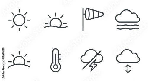Weather linear icon set: climate, forecast, and atmospheric symbols