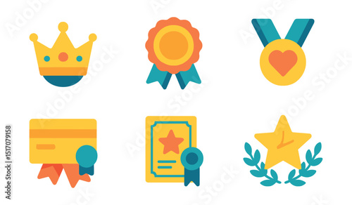 Flat vector icons of customer loyalty awards: loyalty program crown, premium membership badge, top client trophy, customer appreciation medal, gold cardholder ribbon, VIP club award certificate,