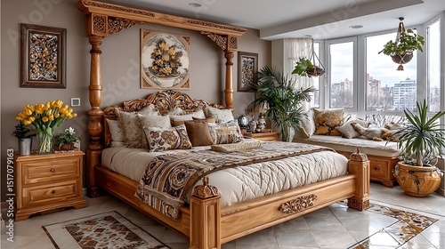 Fusion-style bedroom with botanical prints traditional lanterns and natural wood furniture high resolution image