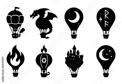 Fantasy adventure silhouette icon set. magical themes and mythical elements