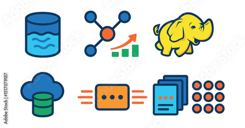Flat vector icons of big data and infrastructure: data lake icon, distributed nodes, real-time stream icon, Hadoop elephant, cloud storage symbol, high-volume data packet, batch processing, data