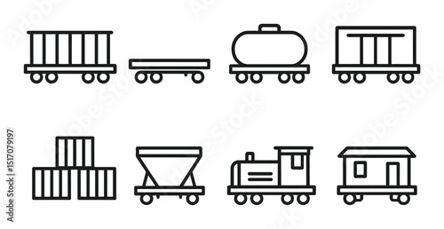 Railway transport linear icon set. train and cargo silhouette symbols