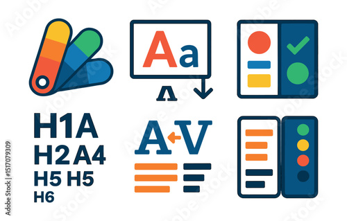 Flat vector icons of UI/UX color and typography: color palette icon, typeface selector, font hierarchy, contrast checker, H1–H6 heading set, kerning adjustment, text alignment icon, color