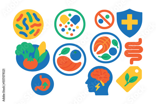 Flat vector icons of immunity and gut health: gut bacteria icon, probiotic supplement badge, fiber-rich foods plate, immune system shield, anti-inflammatory meal, gut-brain connection symbol,