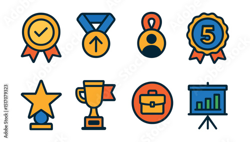 Flat vector icons of professional milestones: completing internship badge, first job promotion medal, employee of the year ribbon, five-year work anniversary badge, achieving leadership role star,